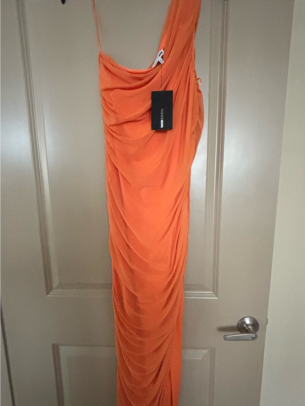 Fashion Nova One-Shoulder Ruched Maxi Dress in Orange
